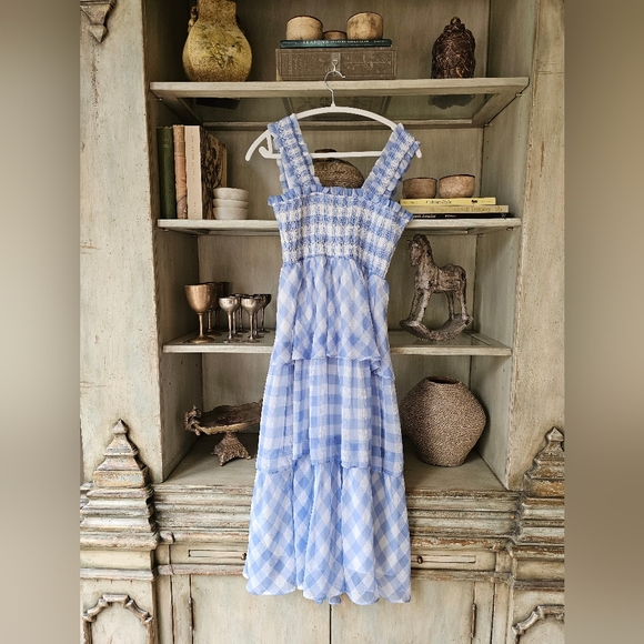 English Factory Gingham Plaid Cottagecore Whimsical Tiered Dress - Picture 7 of 9